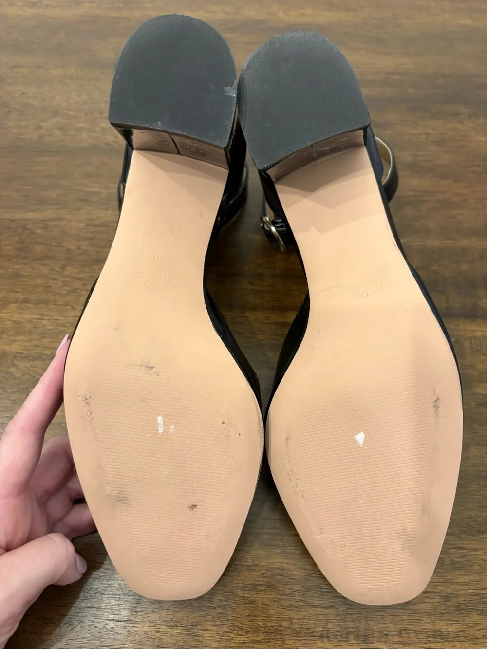 J.Crew Maisie Ankle-strap heels in black with gold buckle, block heel. Preppy